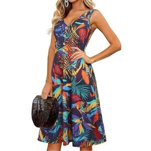 Summer Midi V Neck Sleeveless Tank Button Floral Beach Sundress with Pockets